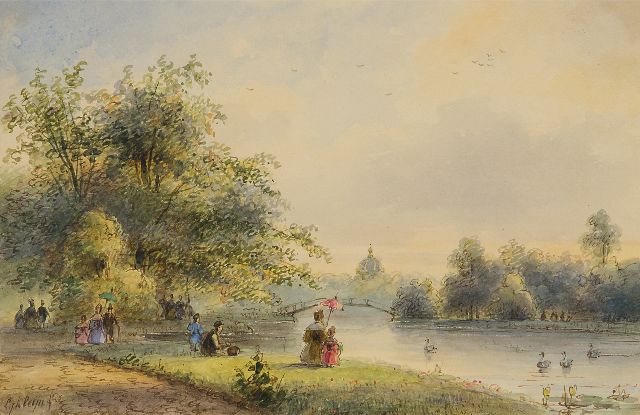 Lodewijk Johannes Kleijn | Wandelaars bij de vijver van Huis ten Bosch in Den Haag, aquarel op papier, 14,0 x 21,5 cm, gesigneerd l.o. en op opzetvel