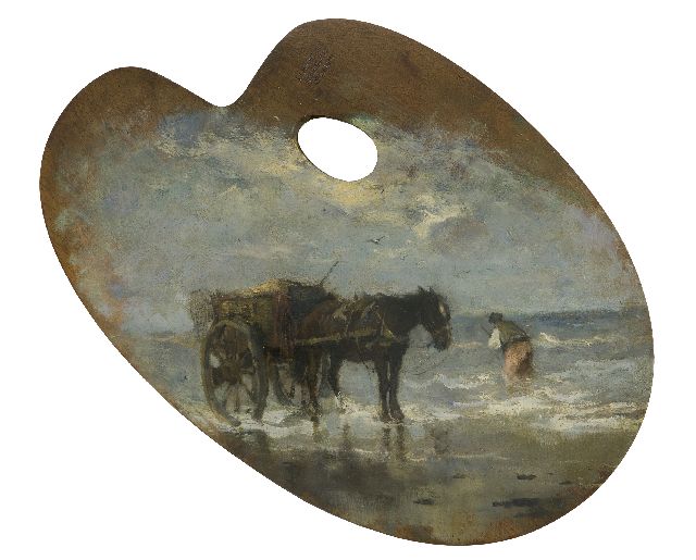 Johan Frederik Cornelis Scherrewitz | Schelpenvisser in de branding, geschilderd op een schilderspalet, olieverf op hout, 34,0 x 37,7 cm, gesigneerd l.o. met monogram