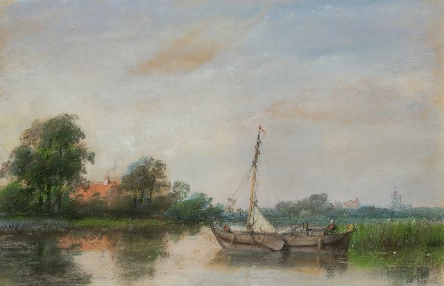 Andreas Schelfhout | Platbodem voor anker bij een rietkraag, potlood en pastel op papier, 24,3 x 37,5 cm, gesigneerd r.o. met initialen