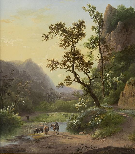 Marinus Adrianus Koekkoek I | Reizigers in een rivierdal, olieverf op doek, 23,2 x 20,5 cm