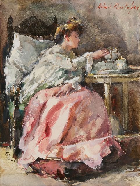Albert Roelofs | La reconvalescente, aquarel en gouache op papier, 17,0 x 12,8 cm, gesigneerd r.b.