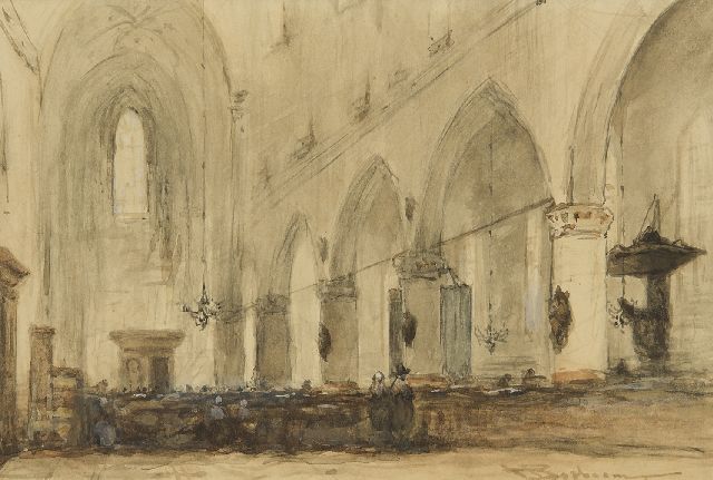 Johannes Bosboom | Kerkinterieur, aquarel op papier, 13,0 x 19,2 cm, gesigneerd r.o.