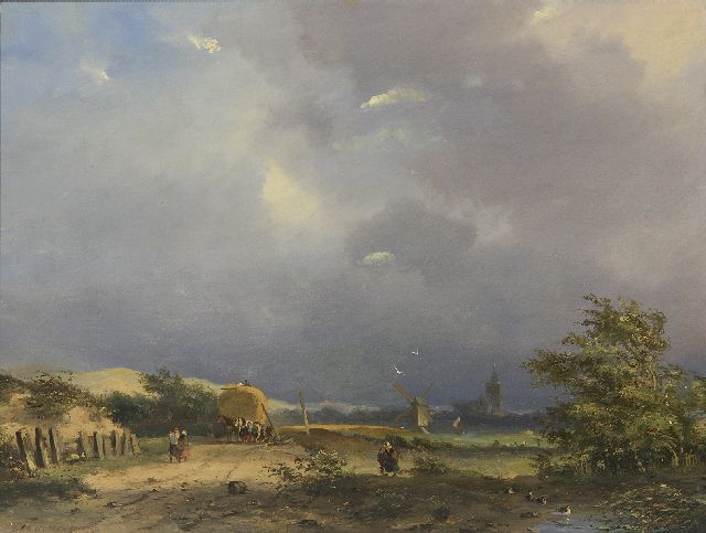 Adrianus David Hilleveld | Landschap met landvolk en opgetaste hooiwagen, olieverf op paneel, 24,6 x 32,0 cm, gesigneerd l.o.