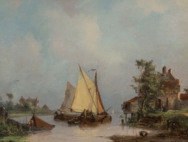 Hilleveld A.D.  | Zeilschepen op een rivier, olieverf op paneel 24,8 x 32,3 cm