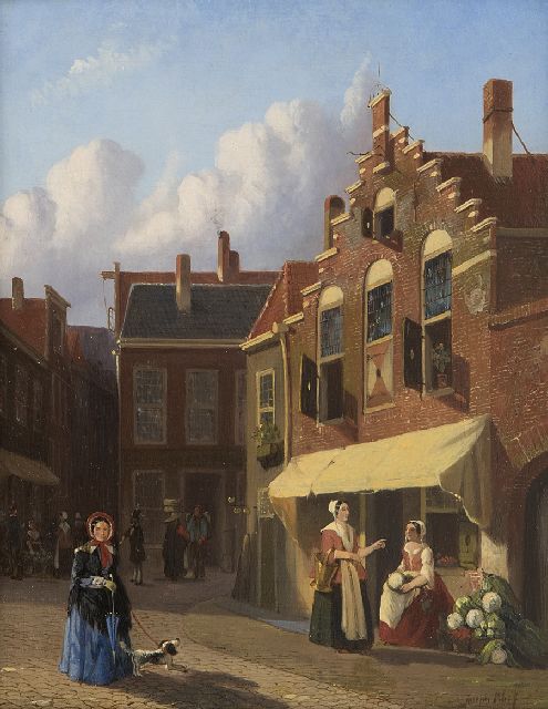 Joseph Bles | Hollands straatje met groentestal, olieverf op paneel, 25,3 x 20,0 cm, gesigneerd r.o.