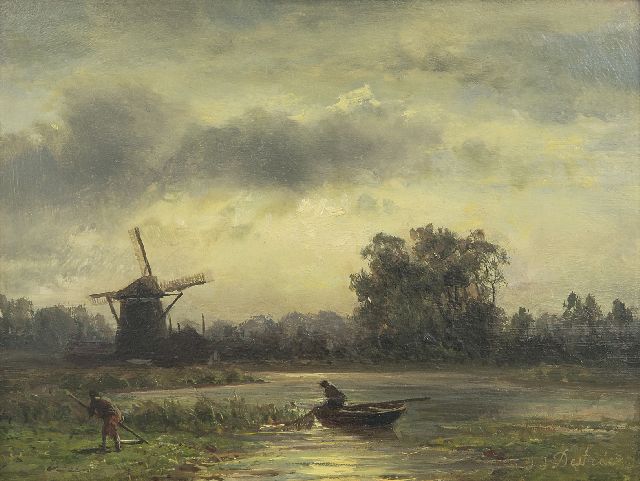 Johannes Josephus Destrée | Waterlandschap met maaiende boer en visser bij een molen, olieverf op paneel, 14,2 x 18,6 cm, gesigneerd r.o.