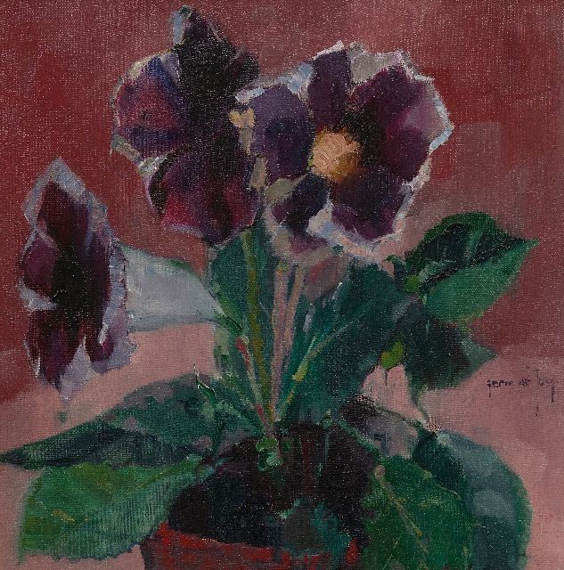 Germ de Jong | Bloeiende gloksinia, olieverf op doek, 30,5 x 30,2 cm, gesigneerd r.m.