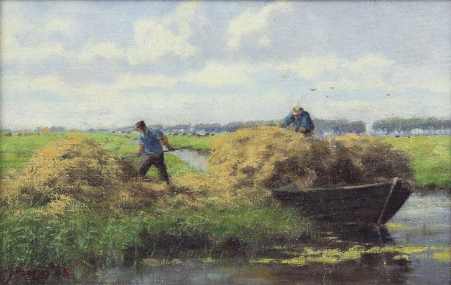 Jan Holtrup | Hooitijd bij Akkrum, olieverf op doek op paneel, 18,5 x 28,6 cm, gesigneerd l.o. gesigneerd 'J. Poepjes' en gedateerd '45