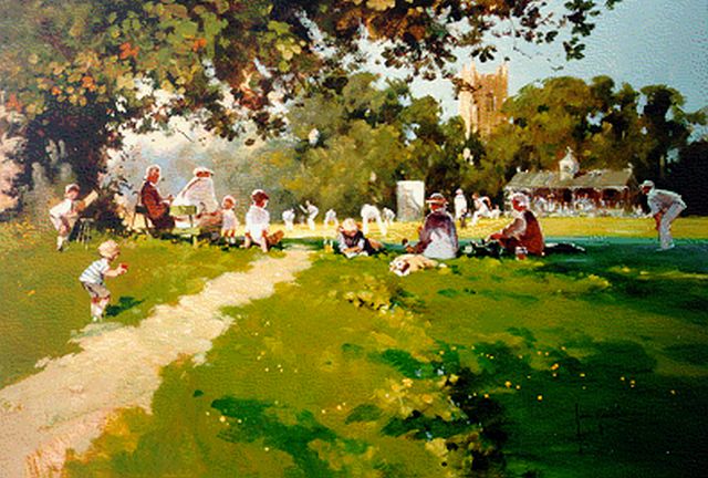 John Haskins | Cricket op een zomerse dag, olieverf op paneel, 50,0 x 70,0 cm, gesigneerd r.o.