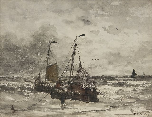 Hendrik Willem Mesdag | Scheveningse vissersschuiten voor anker in de branding, aquarel op papier, 45,0 x 57,7 cm, gesigneerd r.o.