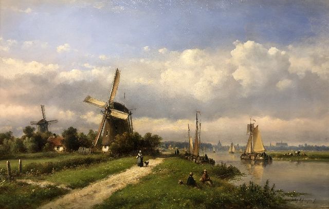 Lodewijk Johannes Kleijn | Zomers riviergezicht met zeilschepen (alleen tezamen met winter), olieverf op paneel, 33,5 x 52,2 cm, gesigneerd r.o.