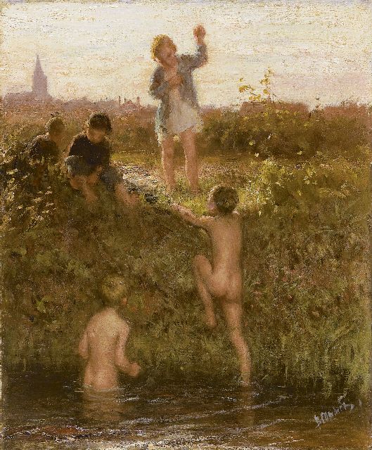 Bernard Blommers | Badende jongens in Het Kanaal, Den Haag, olieverf op doek, 48,2 x 40,4 cm, gesigneerd r.o. en te dateren ca. 1895-1907