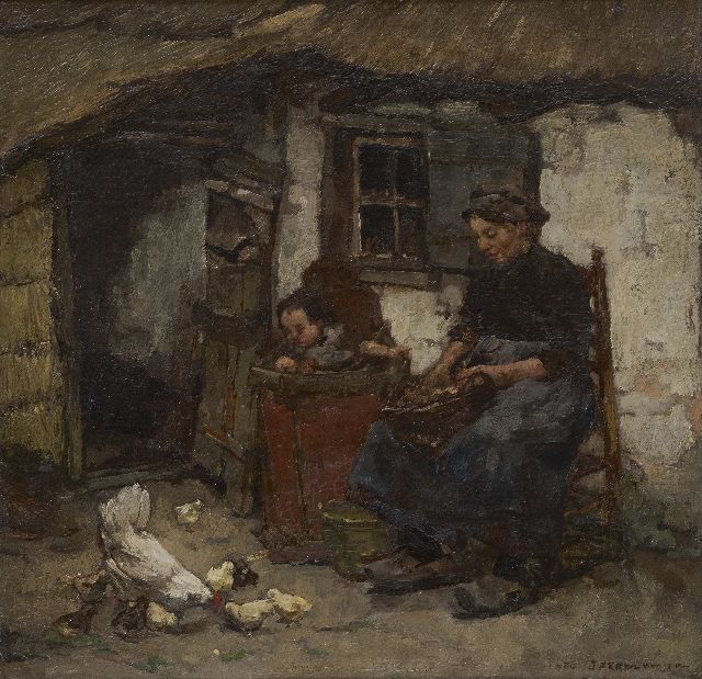 Johannes Evert Akkeringa | Zomermiddag op het erf, Heeze, olieverf op doek op paneel, 34,9 x 36,3 cm, gesigneerd r.o. en gedateerd 1904