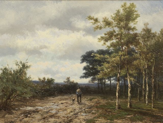 Jan H.B. Koekkoek | Wandelende boer met hond, olieverf op paneel, 38,1 x 49,8 cm, gesigneerd l.o. en gedateerd 1898