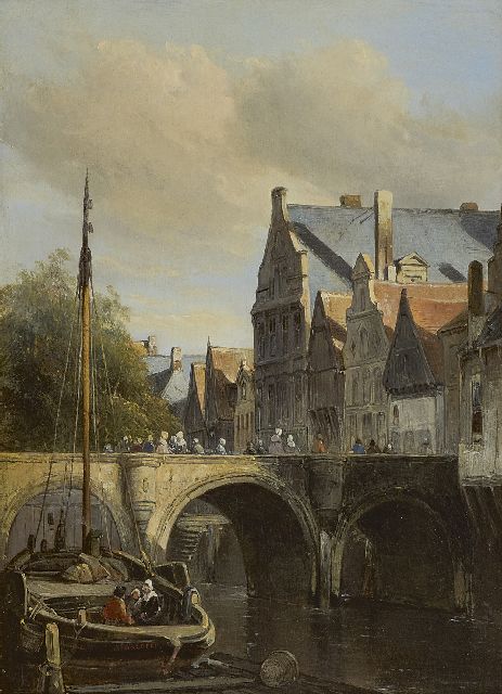 Antonie Waldorp | Stadsgracht met afgemeerde botter, olieverf op paneel, 29,8 x 22,0 cm, gesigneerd l.o. op achtersteven van het schip