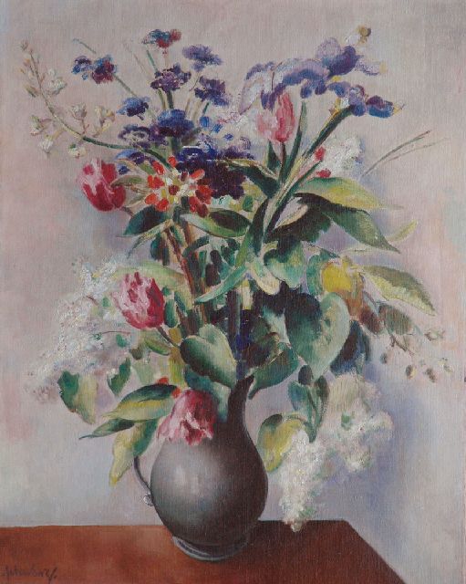 Schwarz S.  | Zomerbloemen; verso: Meisje met speelgoedhond, olieverf op doek 82,7 x 64,8 cm, gesigneerd l.o.