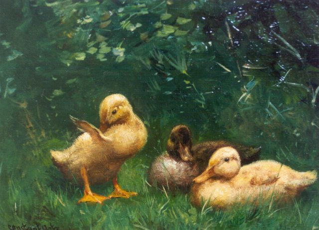Constant Artz | Drie eendekuikens op de oever, olieverf op paneel, 19,7 x 26,8 cm, gesigneerd l.o.