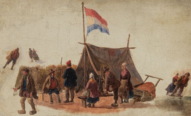 Andreas Schelfhout | Schaatsers bij een koek-en-zopietent (studie), olieverf op doek, op karton, 13,2 x 21,1 cm