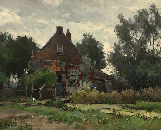 Chris van der Windt | Erf met boer en kippen, olieverf op doek, 40,2 x 50,2 cm, gesigneerd l.o.