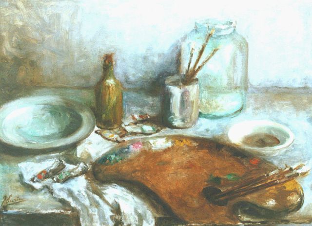 Coba Surie | Stilleven met schildersattributen, olieverf op doek, 49,8 x 69,8 cm, gesigneerd l.o.