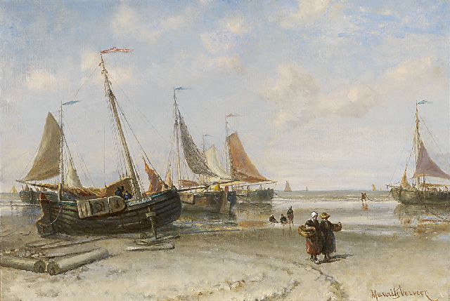 Maurits Verveer | Vissersvrouwen bij pinken langs de vloedlijn, olieverf op doek, 38,8 x 54,9 cm, gesigneerd r.o. en verso