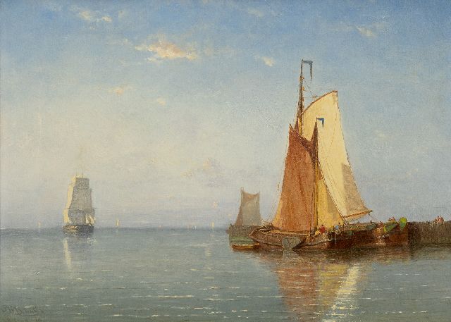 Willem Johannes Schütz | Afgemeerde platbodems bij kalm weer (alleen samen met pendant van 11254), olieverf op doek, 42,3 x 58,8 cm, gesigneerd l.o. en gedateerd '78