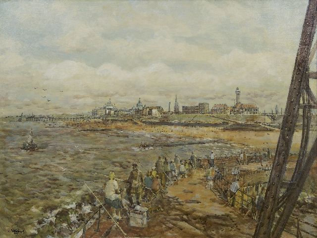 Carel van Ettinger | Scheveningen boulevard gezien vanaf het havenhoofd, olieverf op board, 60,4 x 80,3 cm, gesigneerd l.o. en verso