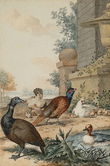 Jabez Heenck | Een Tafeleend en andere vogels in een parklandschap, aquarel op papier, 26,5 x 18,1 cm, gesigneerd r.m. met monogram en gedateerd 1776