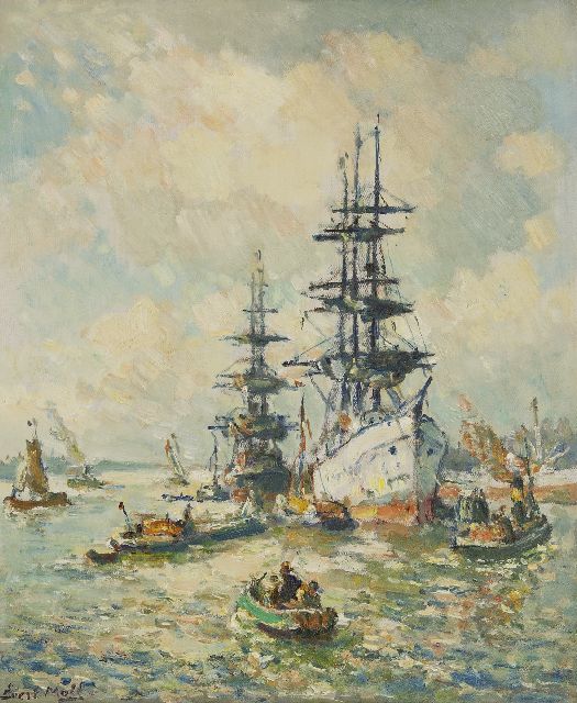 Moll E.  | Driemasters op de Maas bij Rotterdam, olieverf op doek 60,2 x 50,2 cm, gesigneerd l.o.
