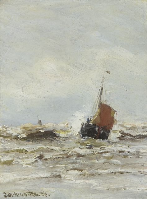 Morgenstjerne Munthe | Bomschuit in de branding, olieverf op schildersboard, 20,0 x 15,0 cm, gesigneerd l.o. en gedateerd '24