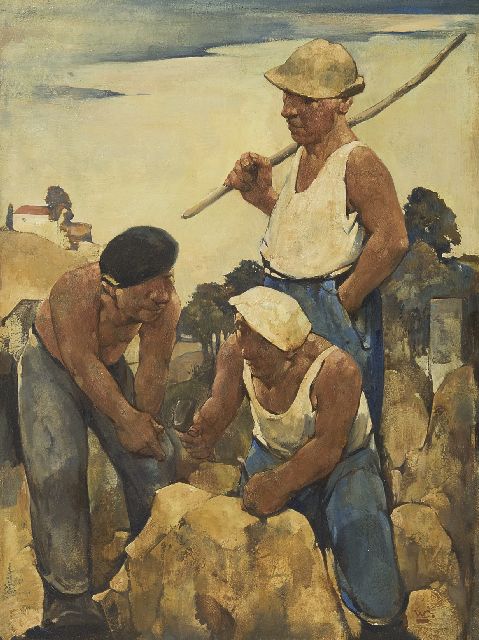 Willem van den Berg | Steenhouwers, olieverf op schildersboard, 39,9 x 30,0 cm, gesigneerd r.o. met initiaal