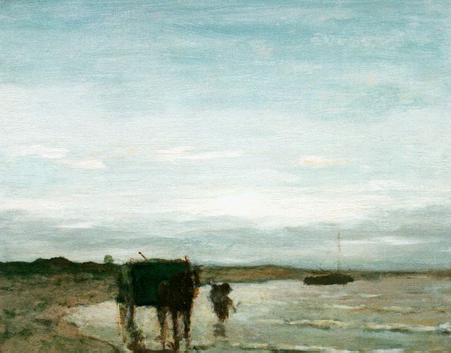 Jan Hendrik Weissenbruch | Schelpenvisser aan de kustlijn, olieverf op doek, 37,5 x 46,0 cm, gesigneerd l.o.