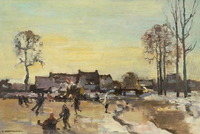 Cornelis Vreedenburgh | Schaatsvertier, olieverf op paneel, 23,9 x 35,1 cm, gesigneerd l.o.