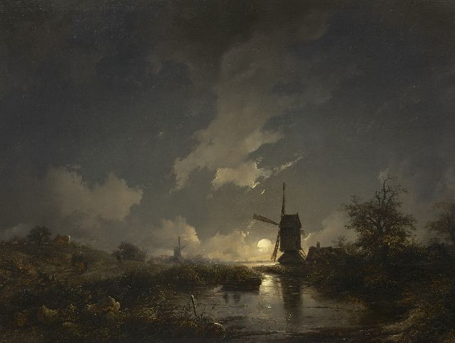Remigius Adrianus Haanen | Maanverlicht polderlandschap met molens, olieverf op paneel, 51,0 x 67,4 cm, gesigneerd r.o. met initialen