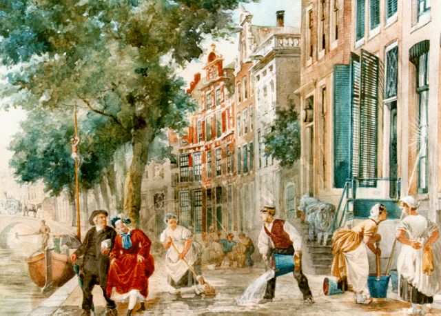 Jan Jacob Zuidema Broos | Schoonmaak in Amsterdams straatje, aquarel op papier, 31,2 x 40,0 cm, gesigneerd l.o.