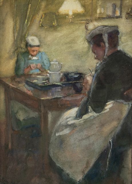 Elisabeth Adriani-Hovy | Handwerkende dienstbodes bij lamplicht, pastel op papier, 49,4 x 38,7 cm, gesigneerd l.o. en gedateerd '94