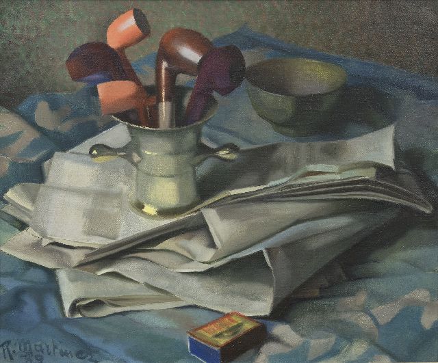 Raoul Martinez | Vijzel met pijpen en courant, olieverf op doek, 46,2 x 55,3 cm, gesigneerd l.o. en gedateerd '39
