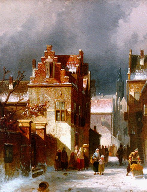 Charles Leickert | Stadsgezicht in de winter, olieverf op paneel, 27,0 x 20,0 cm, gesigneerd r.o.