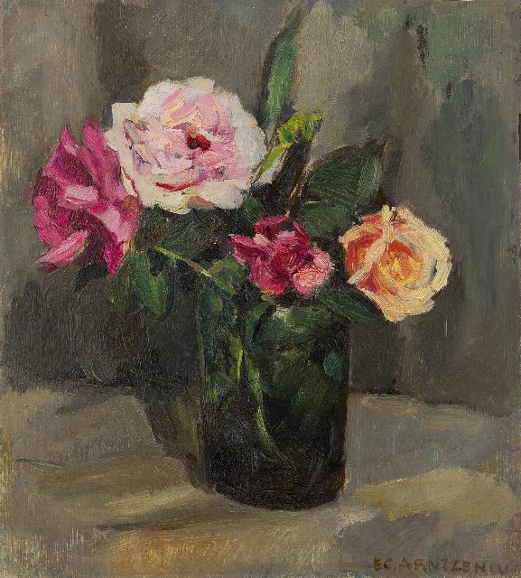 Elise Arntzenius | Rozen in groen glazen vaas, olieverf op paneel, 25,9 x 24,0 cm, gesigneerd r.o.