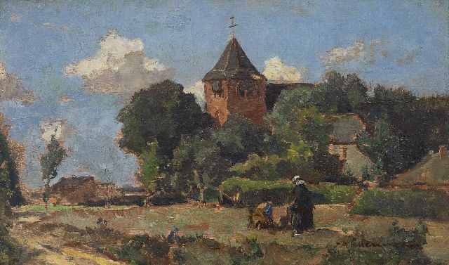 Johannes Evert Akkeringa | Kerkje te Heelsum, olieverf op paneel, 13,4 x 22,1 cm, gesigneerd r.o.
