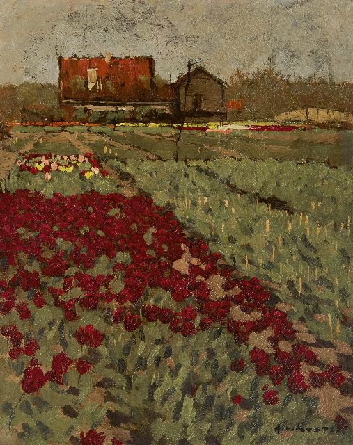 Anton Koster | Tulpenveld, olieverf op doek op board, 30,5 x 24,5 cm, gesigneerd r.o.