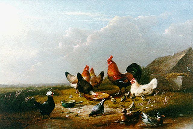 Frans van Severdonck | Pluimvee voor een boerderij, olieverf op paneel, 17,0 x 24,8 cm, gesigneerd l.o. en gedateerd 1871