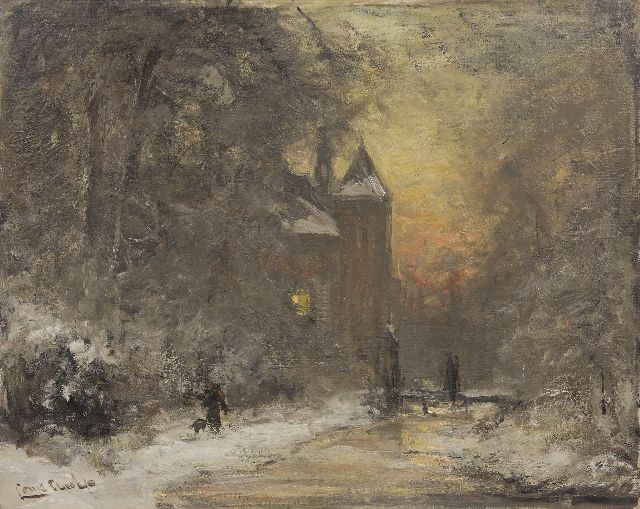 Louis Apol | Winters bosgezicht met een man met hond bij een kasteel, olieverf op doek, 40,5 x 50,4 cm, gesigneerd l.o.