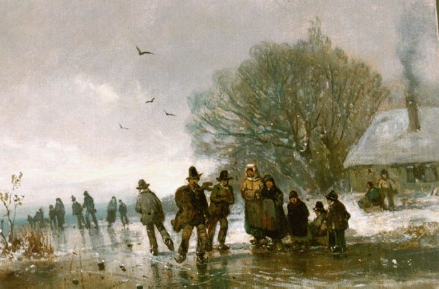 Adolf Stademann | IJspret op bevroren waterpartij, olieverf op doek op paneel, 33,5 x 46,2 cm, gesigneerd l.o.