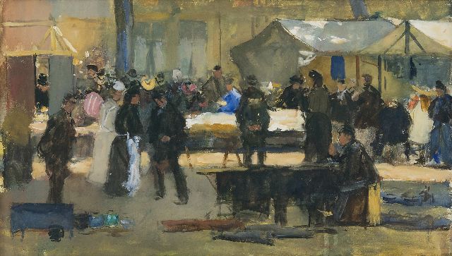 Floris Arntzenius | Haagse stoffenmarkt, gouache op papier, 29,1 x 49,3 cm, gesigneerd l.o.