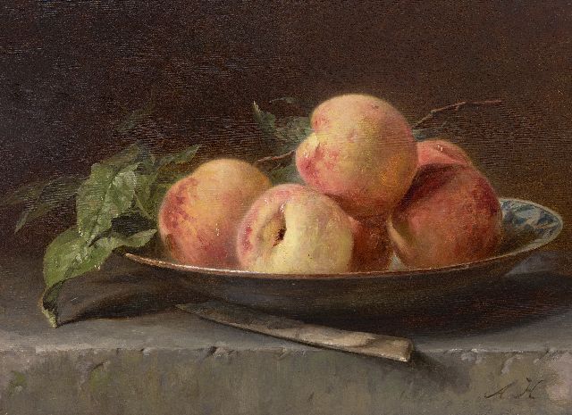 Adriana Haanen | Perziken in een schaal op stenen plint, olieverf op paneel, 23,4 x 32,0 cm, gesigneerd r.o. met initialen