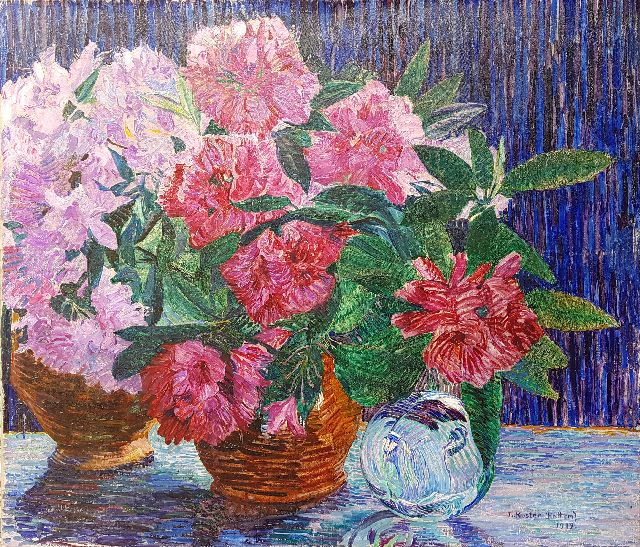 Jo Koster | Rhododendrontakken in een vaas, olieverf op doek, 60,5 x 70,2 cm, gesigneerd r.o. en gedateerd 1919