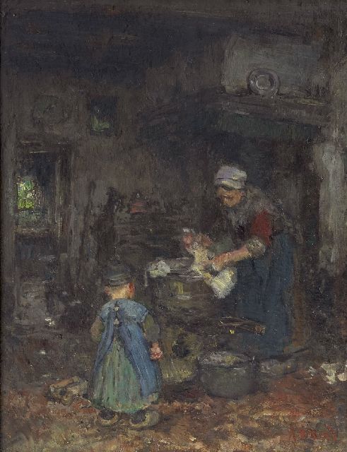 Briët A.H.C.  | Boereninterieur met moeder en kind, olieverf op board op paneel 29,1 x 22,6 cm, gesigneerd r.o.