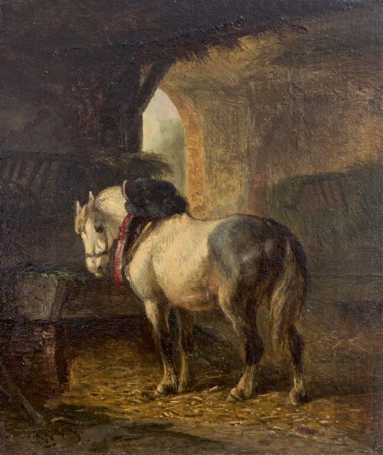 Wouterus Verschuur | In de stal, olieverf op paneel, 13,3 x 11,0 cm, gesigneerd l.o. met initialen en verso gedateerd op etiket '71
