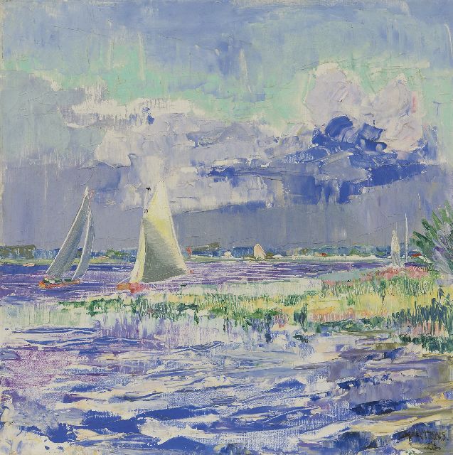 George Martens | Zeilboten op het Paterswoldsemeer, olieverf op doek, 40,5 x 40,4 cm, gesigneerd r.o. en gedateerd '28